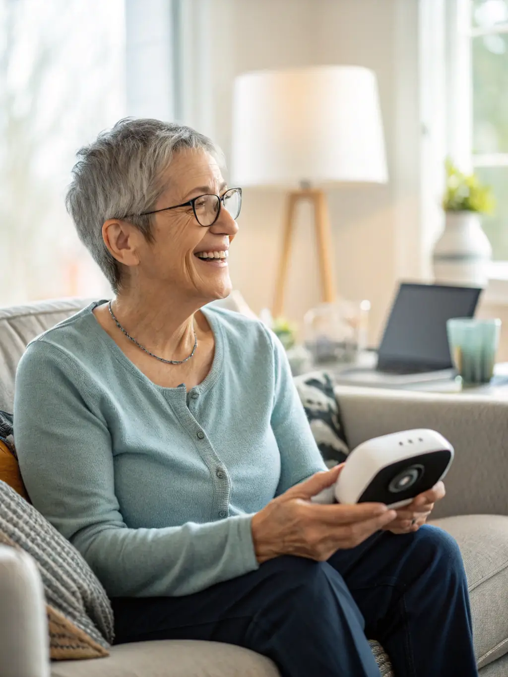 A senior citizen smiling while using an AI-powered assistive technology, demonstrating the accessibility of AI for all ages.
