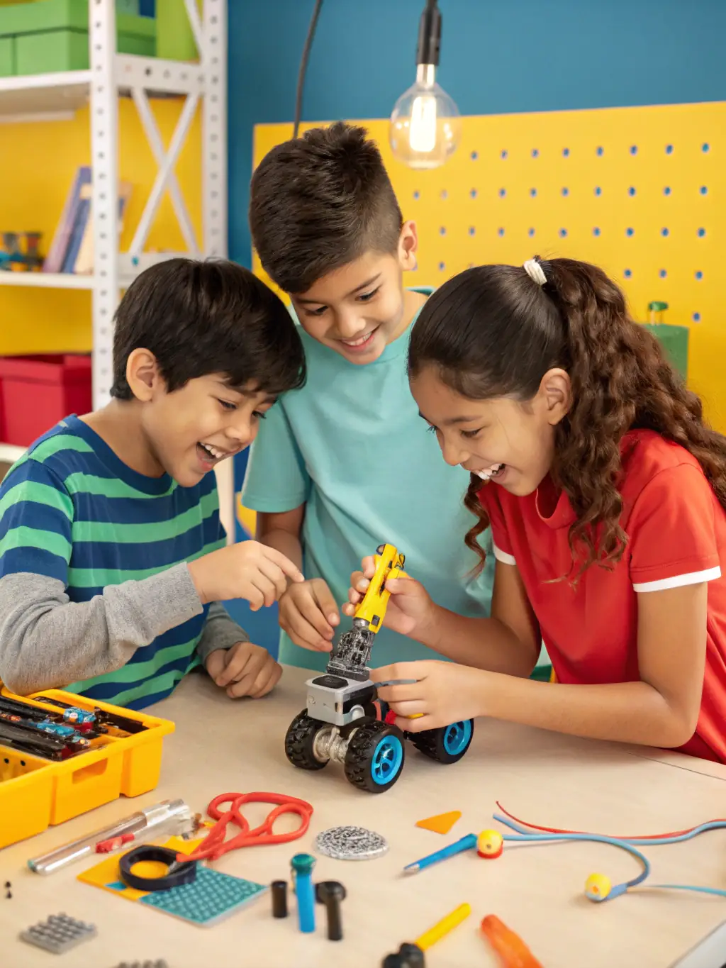 An image of young students enthusiastically participating in a robotics workshop, showcasing hands-on learning and teamwork.