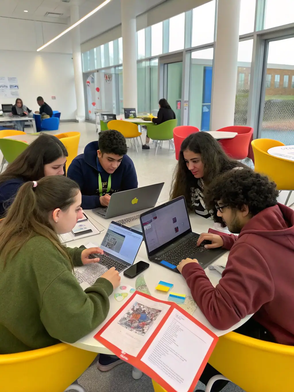 A diverse group of students collaborating on a Generative AI project, showcasing creativity and innovation in AI applications.