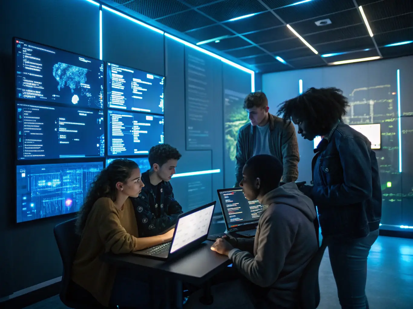 A diverse group of students collaborating on an AI project, surrounded by holographic displays of neural networks and data visualizations, symbolizing the collaborative and innovative spirit of the Centre's AI/ML programs.