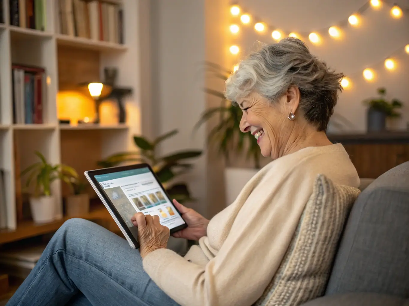 A senior citizen is smiling and engaged while using an AI-powered application on a tablet. The environment is a comfortable and supportive learning space, highlighting the accessibility of AI education for all ages.